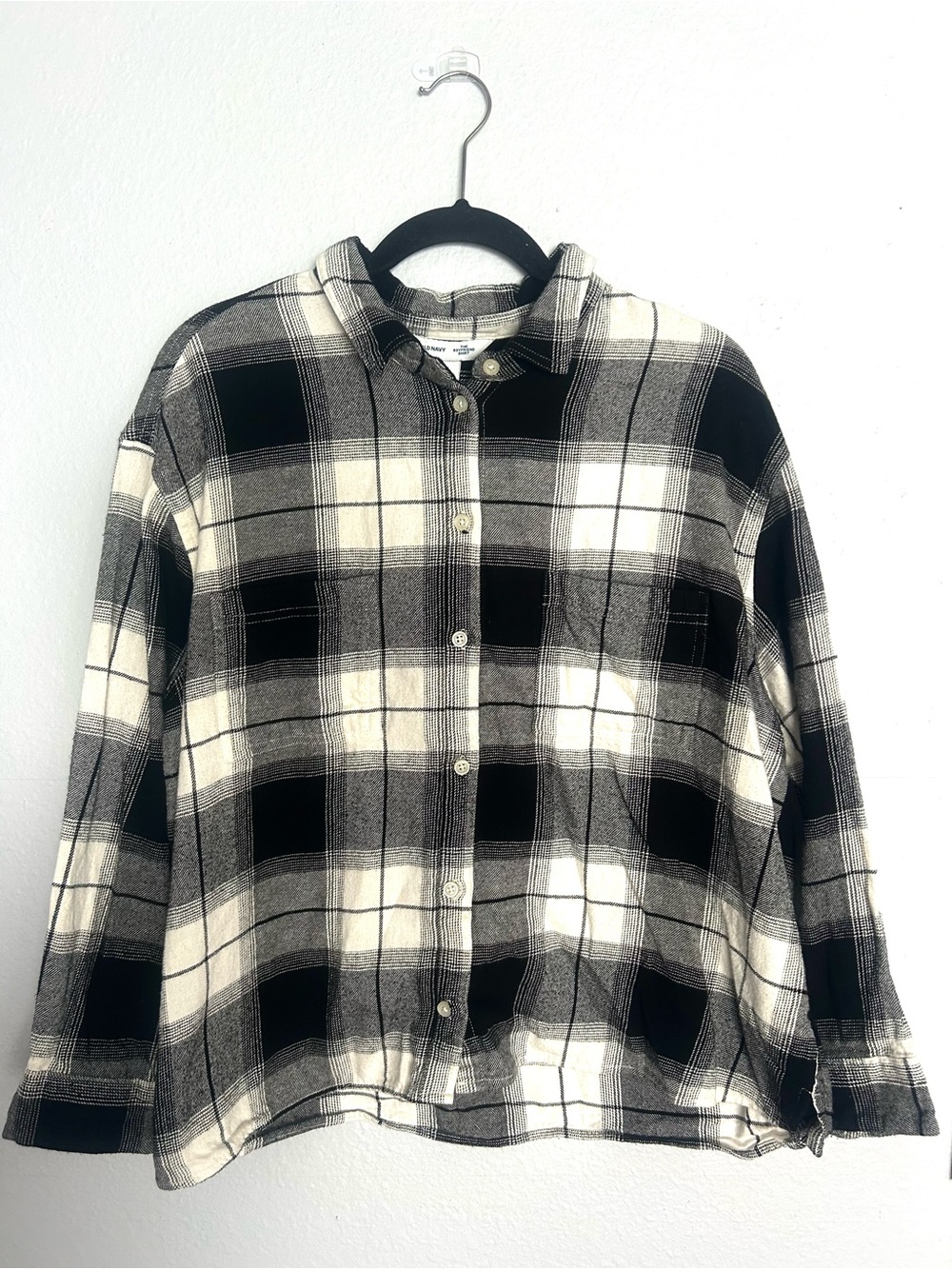 OLD NAVY Black & White Plaid Flannel Boyfriend Shirt Size: Girls XL